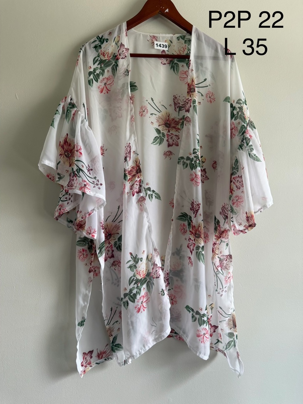 Floral Chiffon Kimono Duster – White Pink Green – Boho / Cottagecore M/L